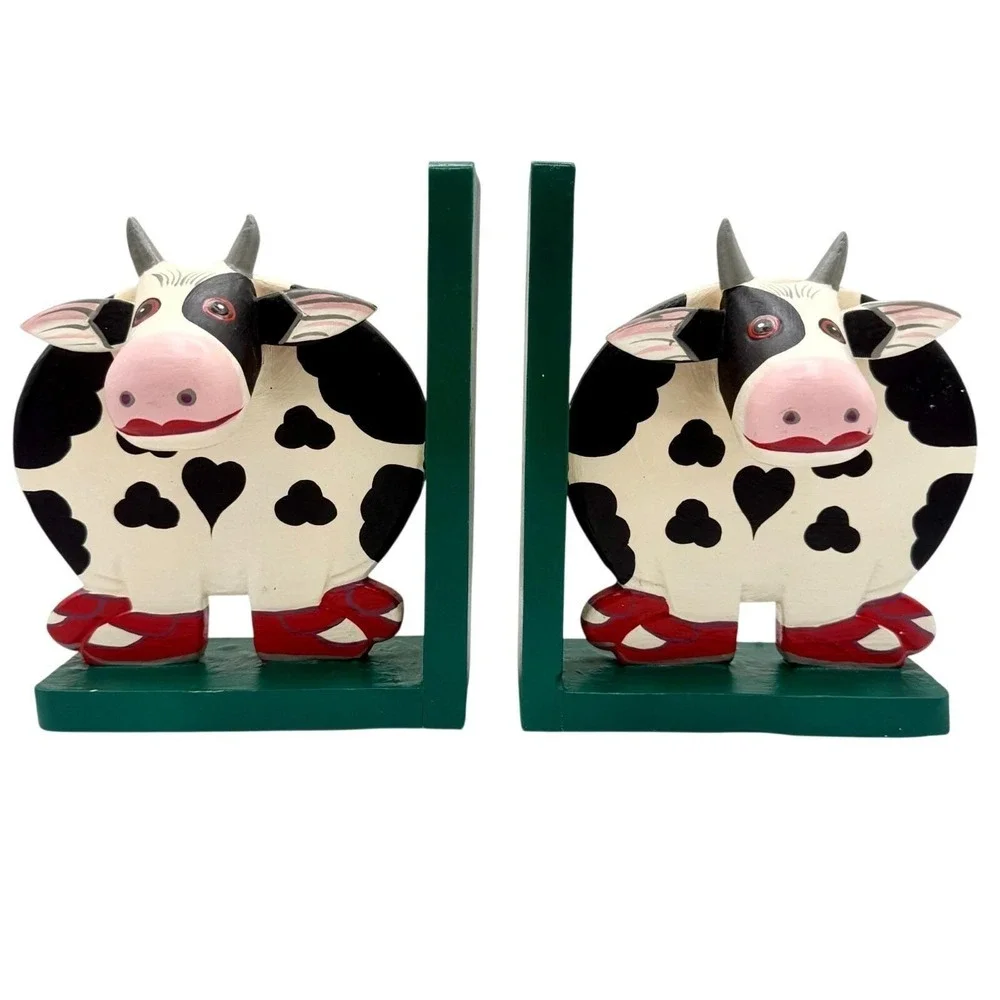 Vintage Folk Art Cow Bookends Handpainted Wood Lady Cows Pair Cottage Kitchen